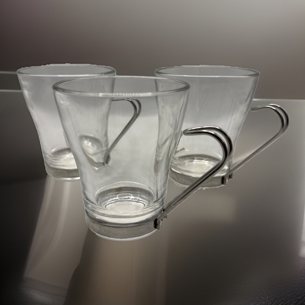 Three 3 VITROSAX Glass Stainless Steel Handle Coffee Cappuccino‎ Cups Italy Vtg